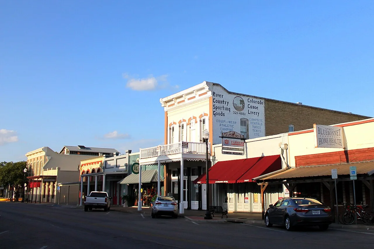 The historic downtown streetscape in Bastrop, Texas