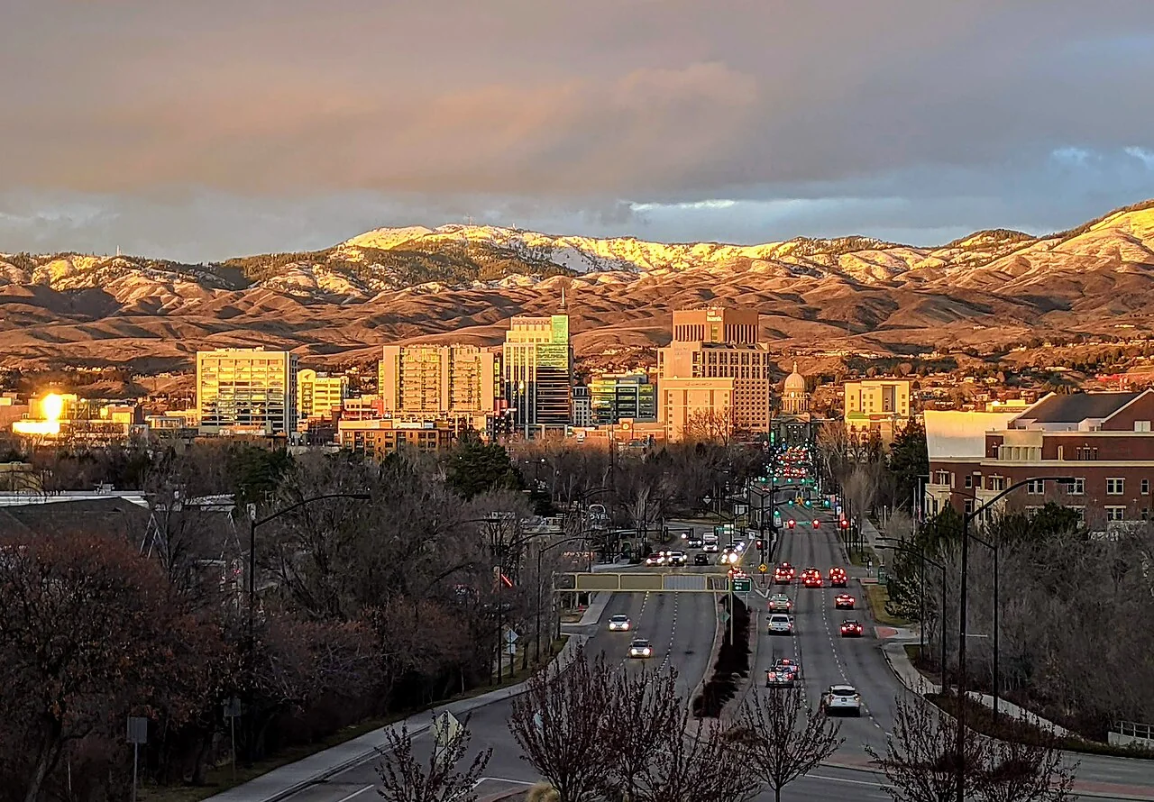 Downtown Boise with winter light on the foothills beyond