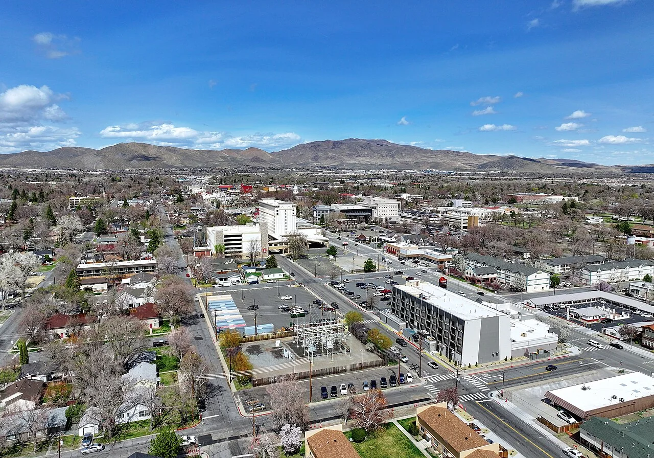 An aerial view across Carson City and the surrounding mountains