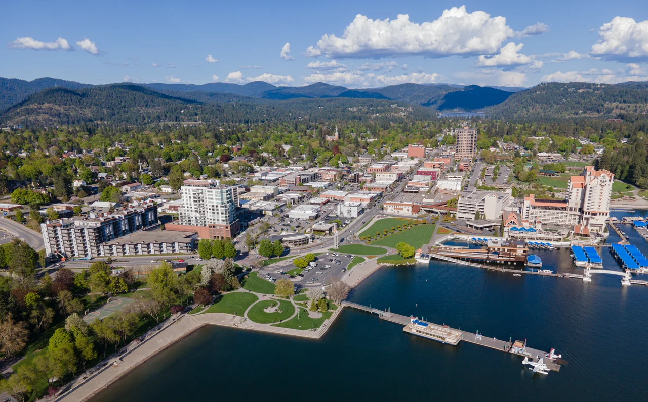 Coeur d'Alene's waterfront and downtown, photographed from the air