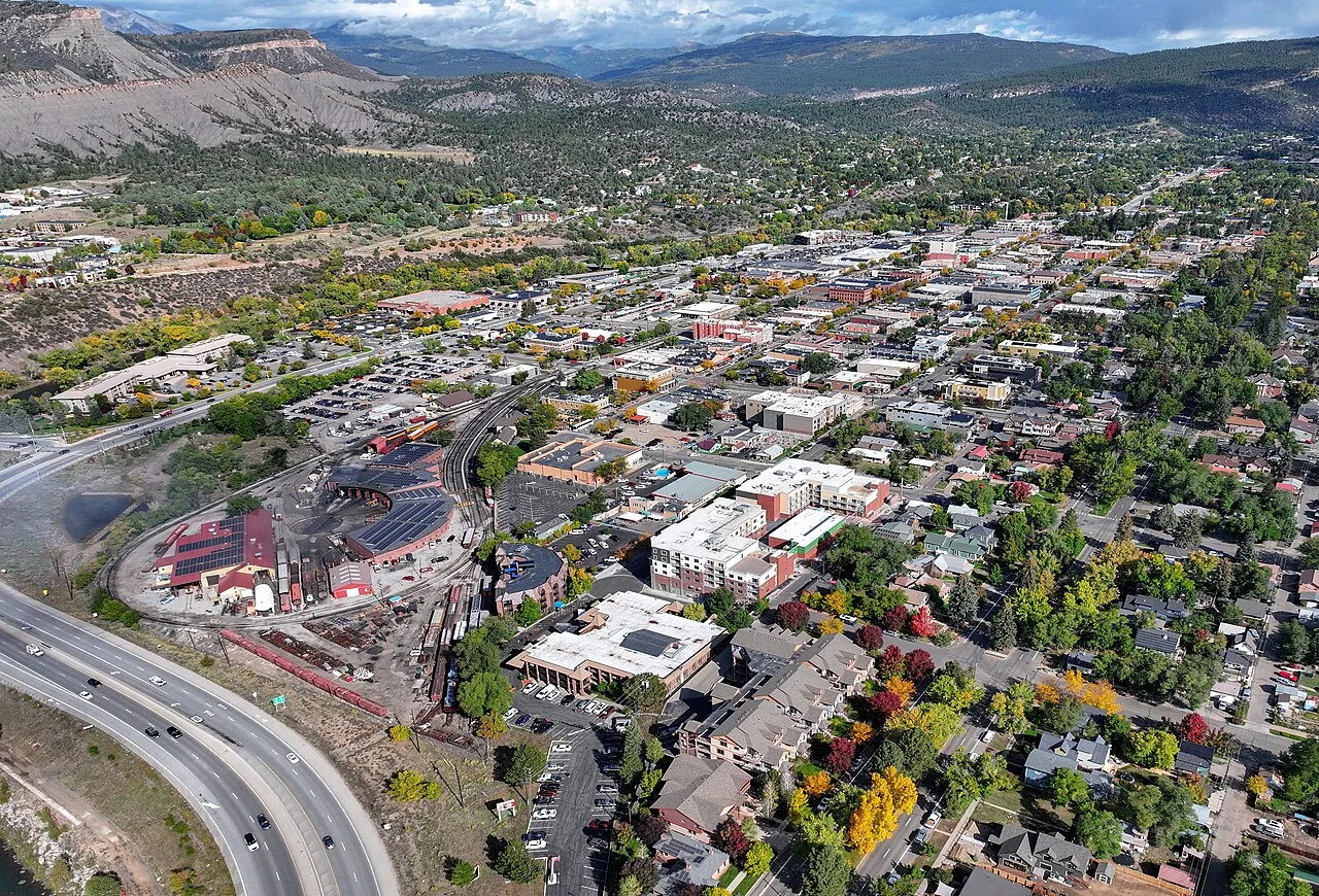 An aerial view of Durango in the Animas Valley
