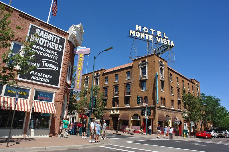 Hotel Monte Vista and downtown streets in Flagstaff, Arizona