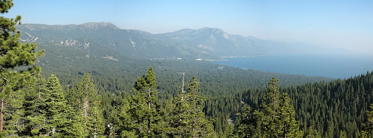 Incline Village and Lake Tahoe, with distant wildfire smoke in this historical photograph