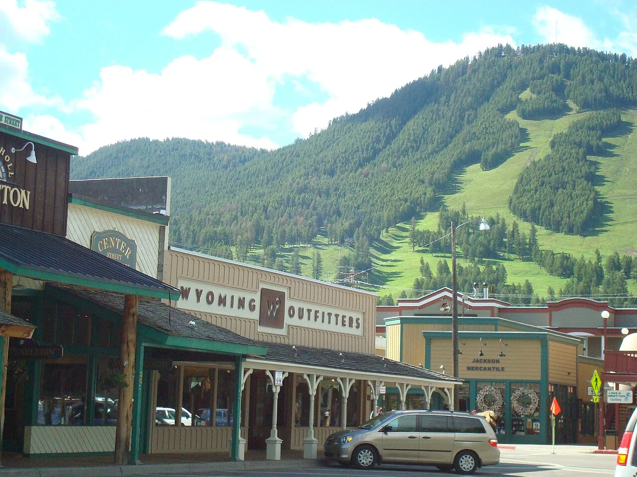 Downtown Jackson with the slopes of Snow King Mountain behind it