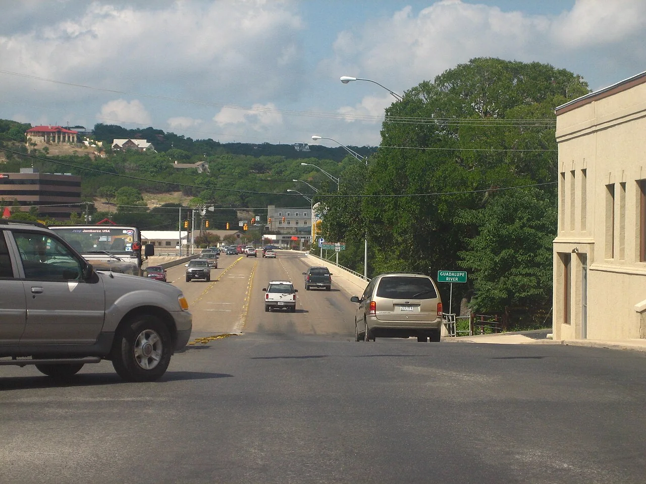 Kerrville's streetscape viewed from a bridge over the Guadalupe River