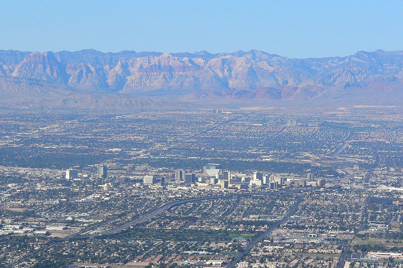 Las Vegas viewed from Frenchman Mountain, with Red Rock Canyon beyond