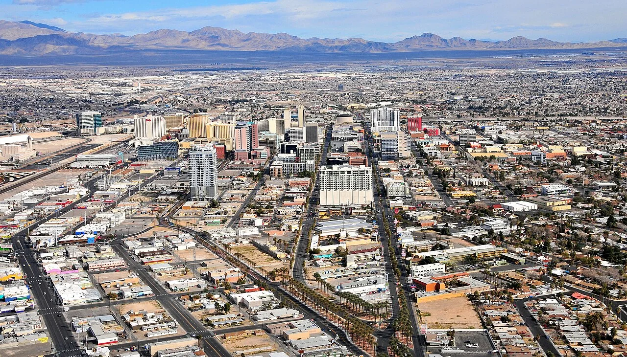 Downtown Las Vegas and the surrounding valley, viewed from above