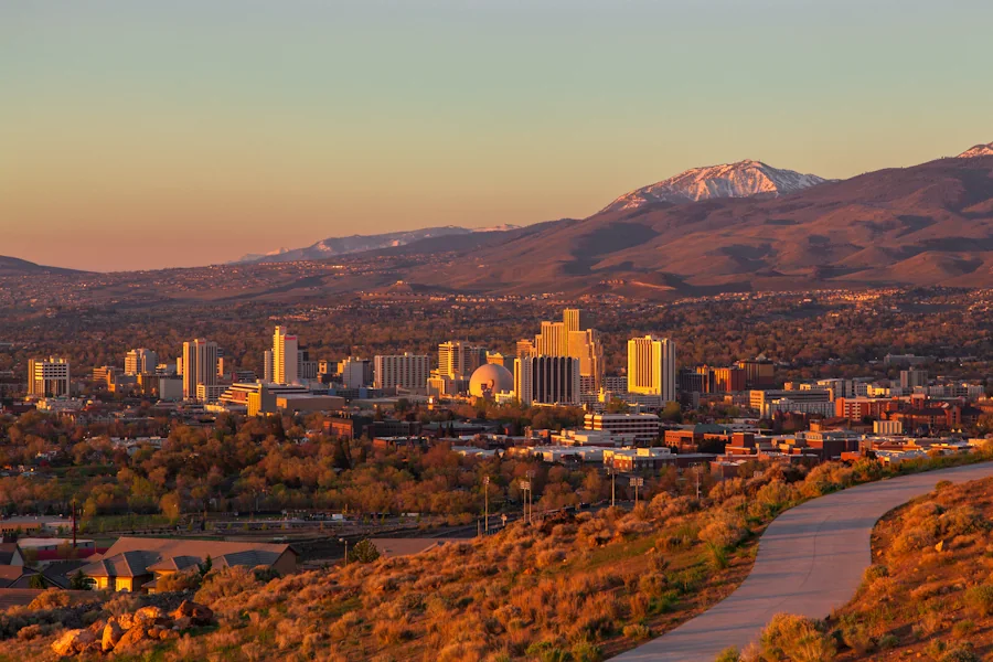 Reno and the Sierra foothill landscape in evening light