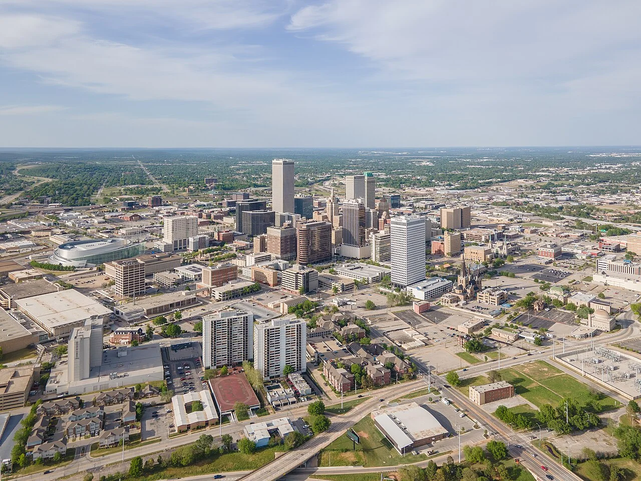 An aerial view of downtown Tulsa