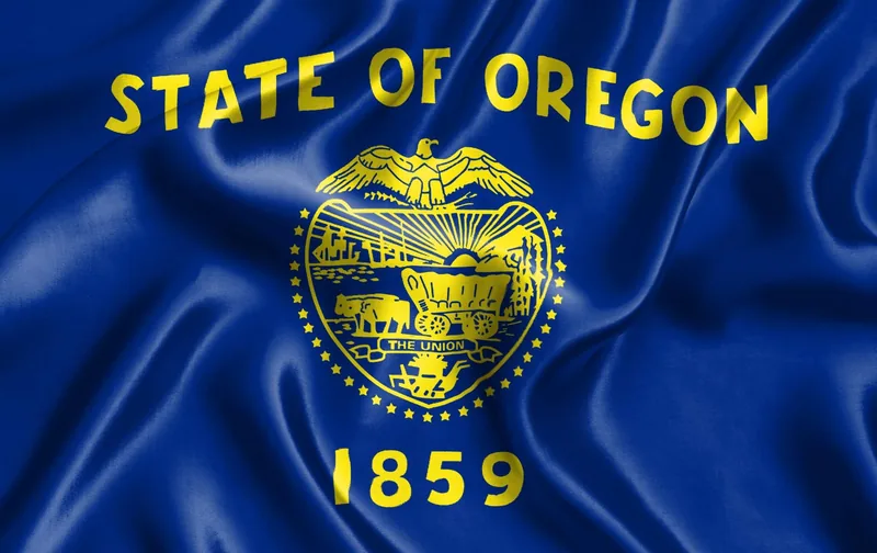 Oregon state flag with the gold state seal and 1859 on a blue field