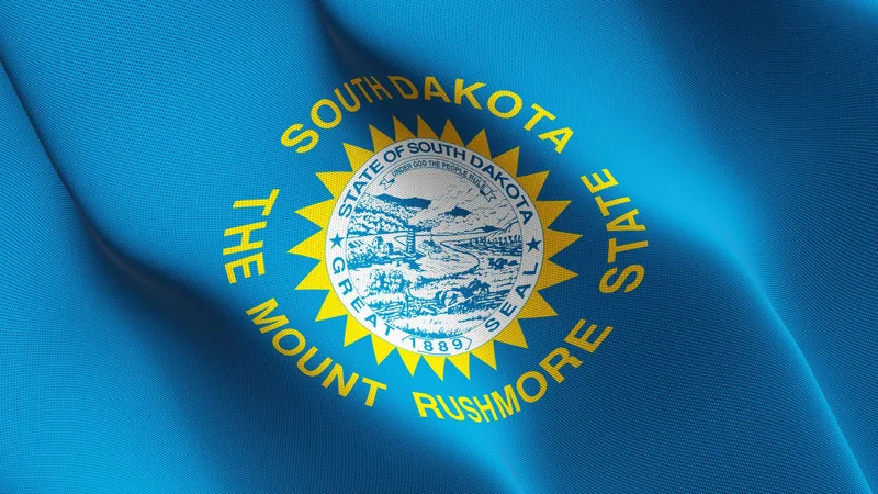 South Dakota state flag with the state seal and gold sun rays on a blue field