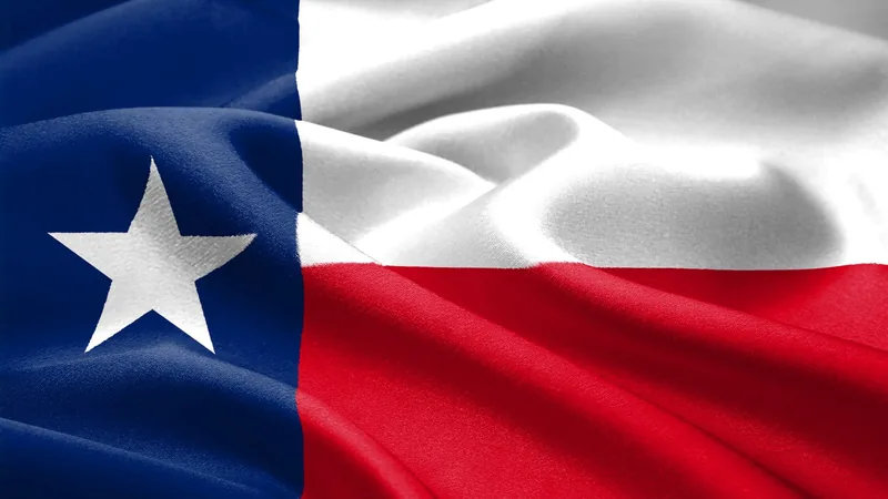 Texas state flag with a white lone star and blue, white, and red fields