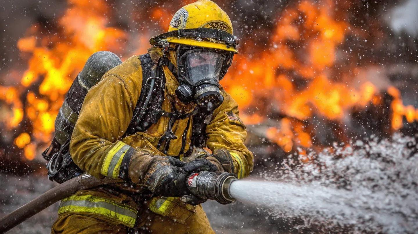 Firefighter operating a hose near active flames