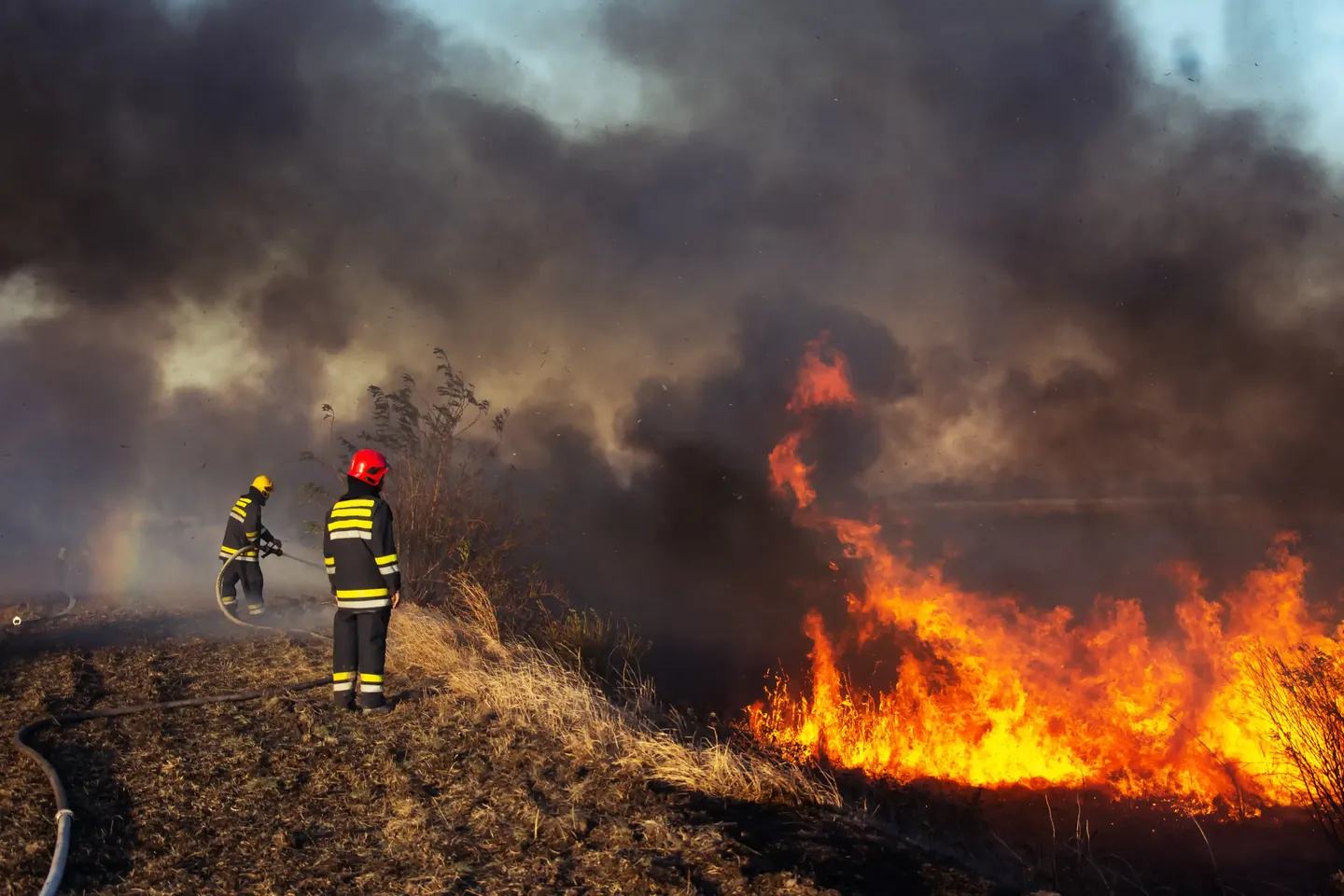Firefighters working near a grassland fire and heavy smoke