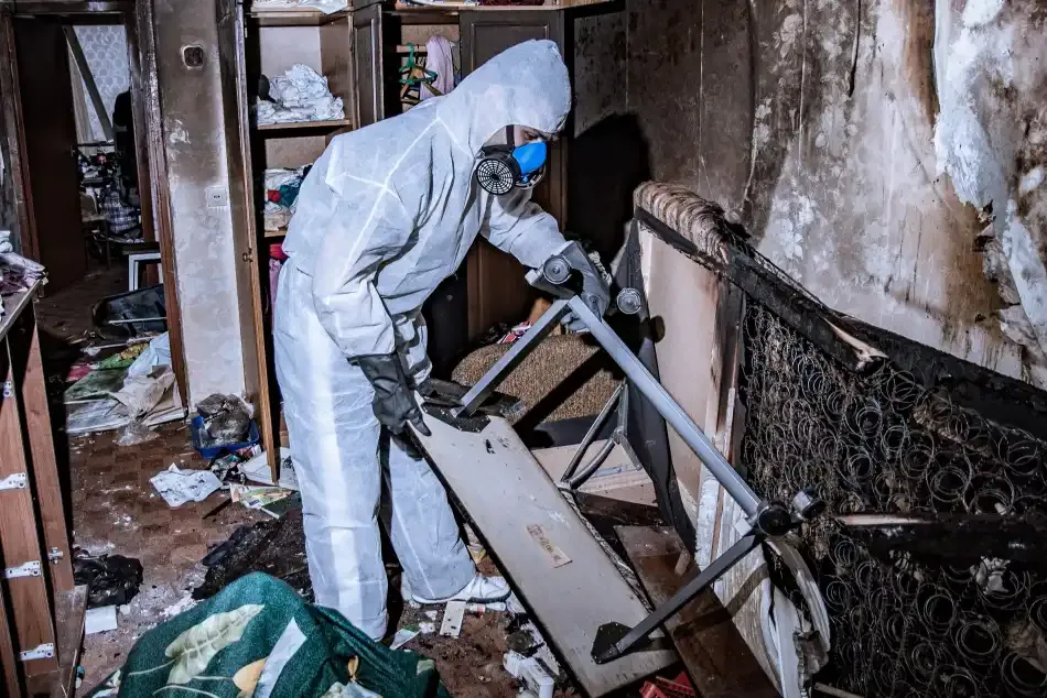 Worker wearing protective clothing while cleaning fire damage